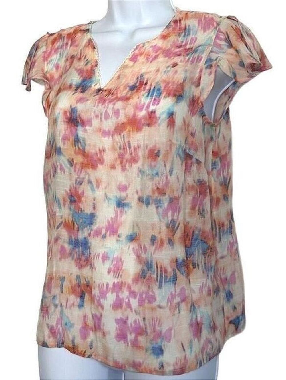 Nanette Lepore Women's XS Watercolor V-Neck Flutter Sleeve Blouse Top Pink